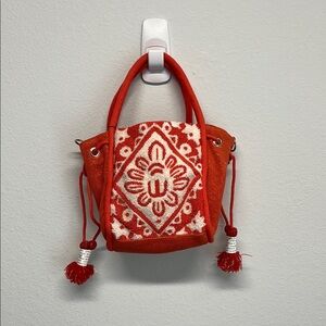 American & Beyond |Orange Beaded Mini Tote/Bucket Bag w/ Beaded Crossbody Strap